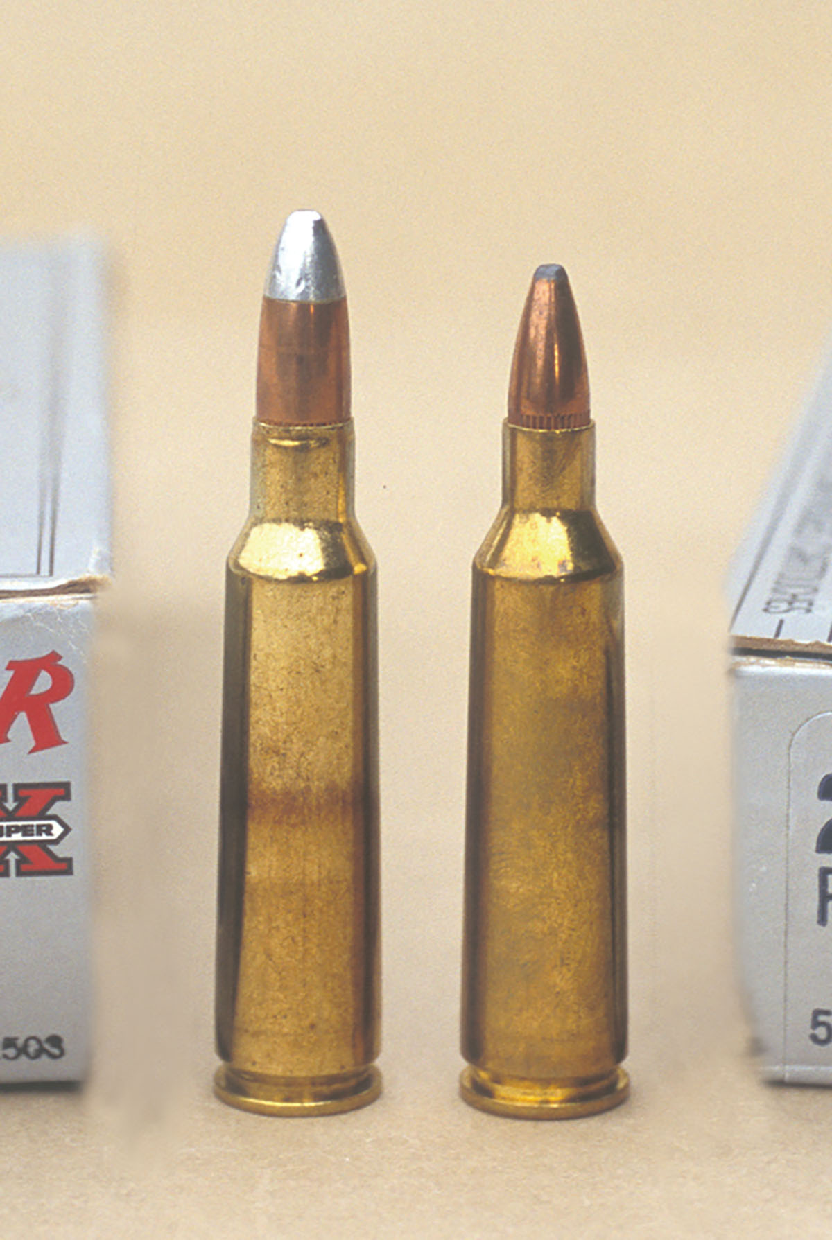 The .250 Savage (left) was necked down to .22 caliber to create the .22-250. The latter featured a 28-degree shoulder.
